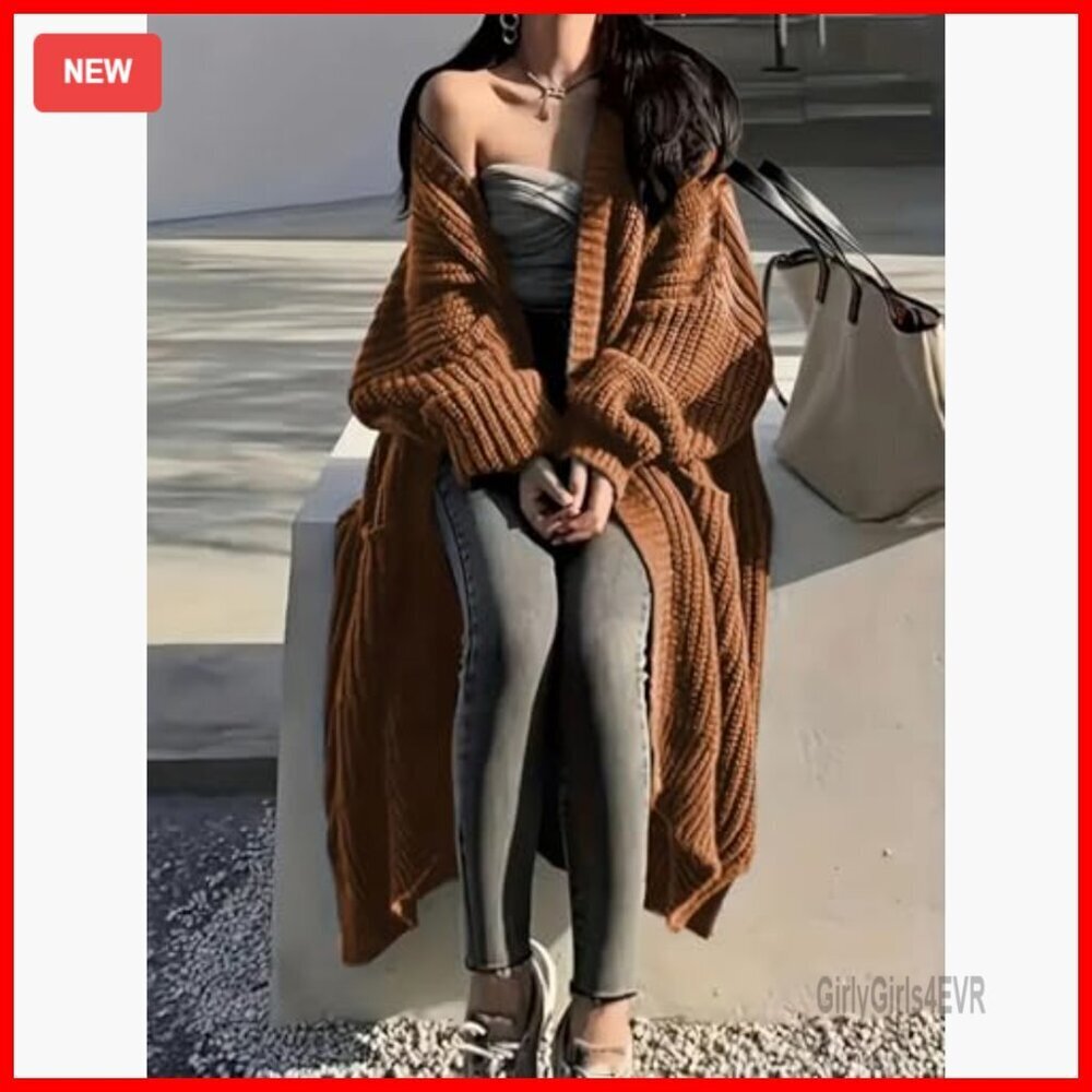 Long Sleeve Cardigan Sweater Open Front Duster Pockets Oversized - Picture 5 of 7